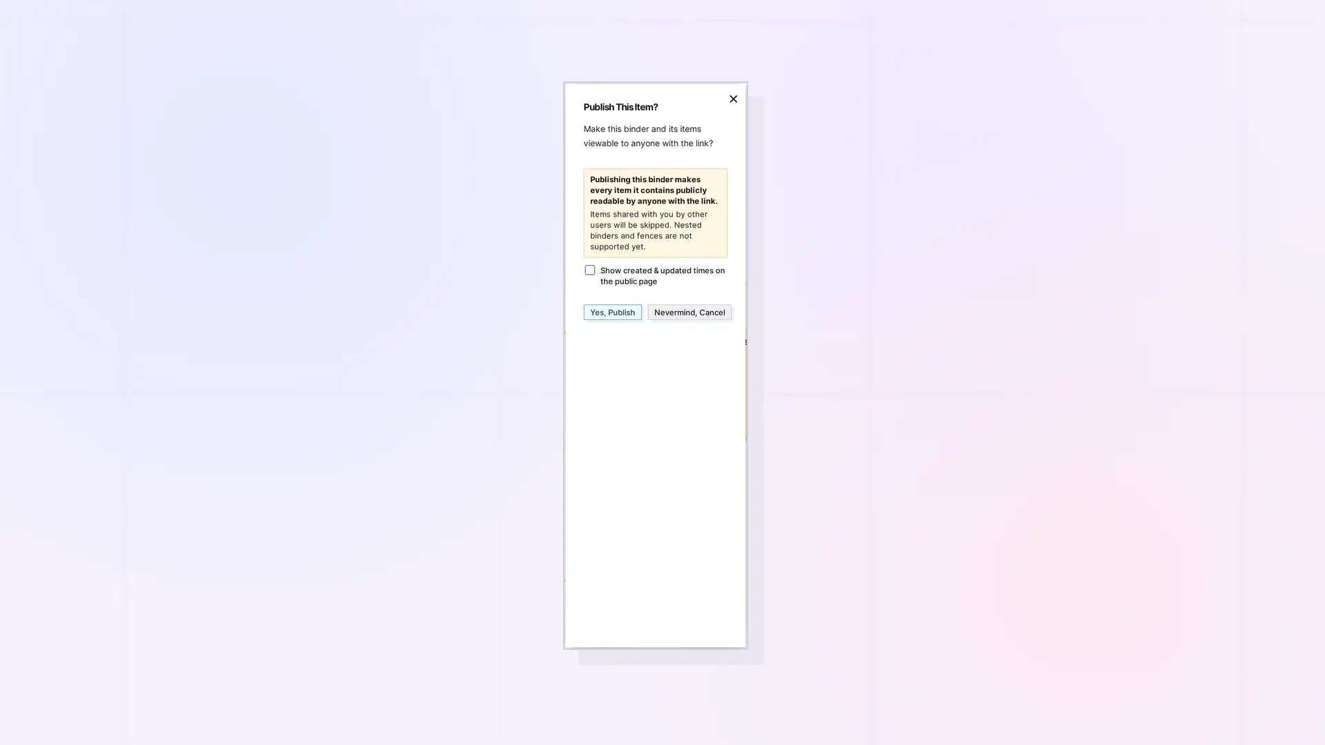 Publish a Binder: Publish This Item dialog for a binder, screenshot