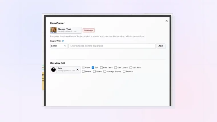 Sharing in Opal: Share panel with recipients and roles, screenshot