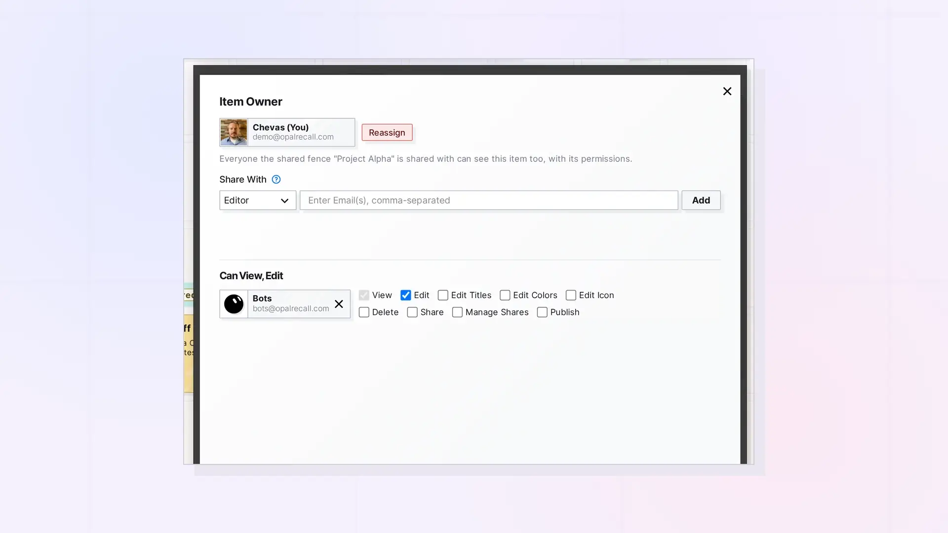 Sharing in Opal: Share panel with recipients and roles, screenshot