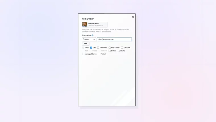 Share Roles and Permissions Explained: Role dropdown with permission checkboxes, screenshot