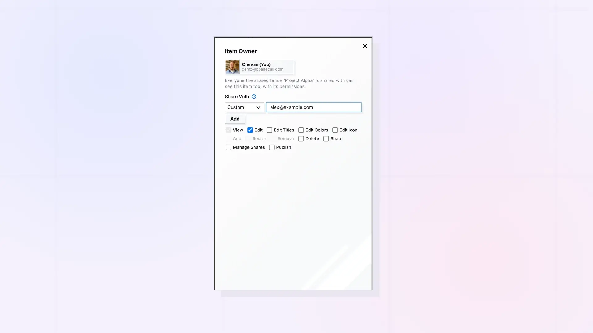 Share Roles and Permissions Explained: Role dropdown with permission checkboxes, screenshot