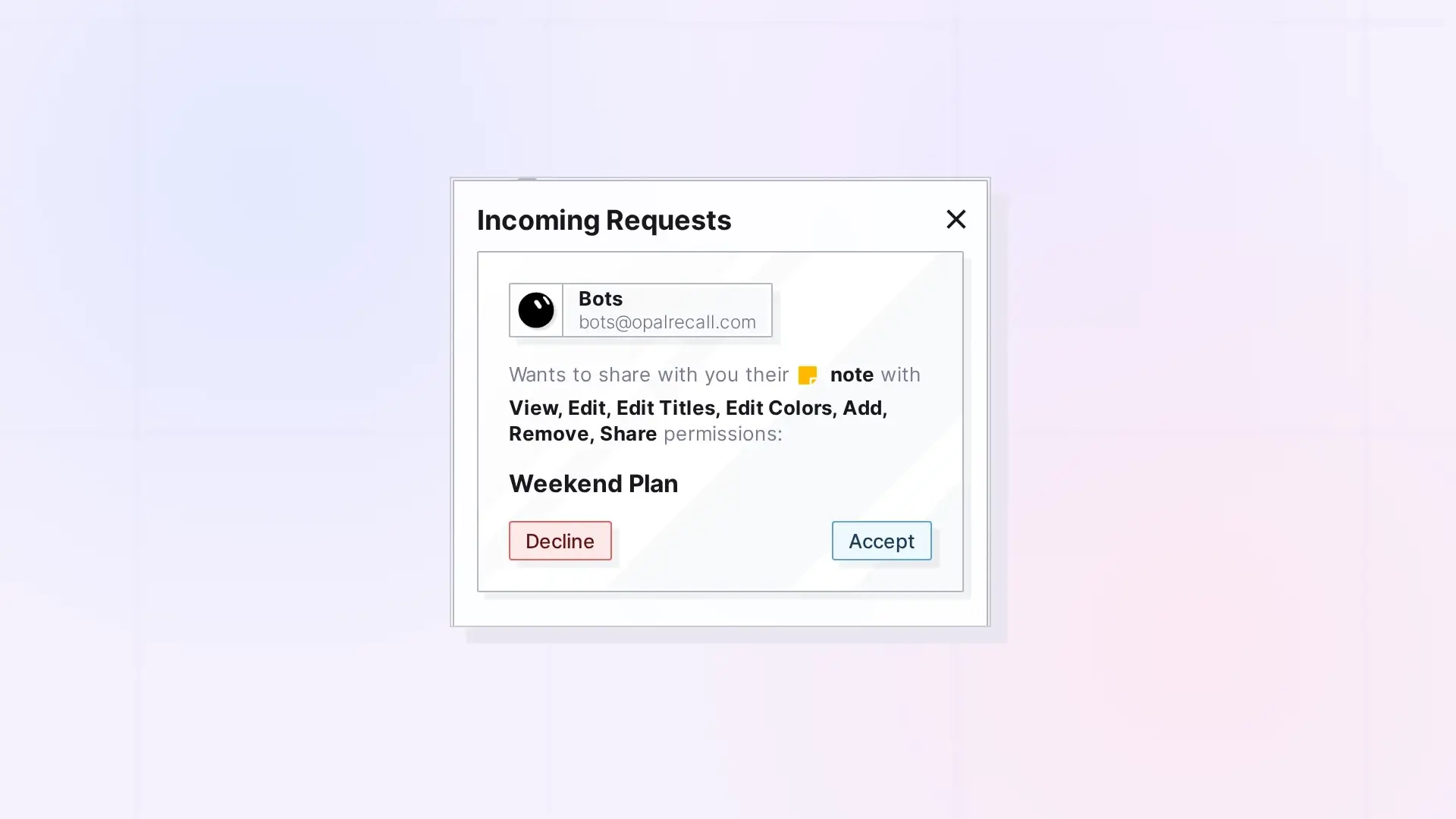 Accept or Decline Something Shared with You: Shares panel with an incoming request, screenshot