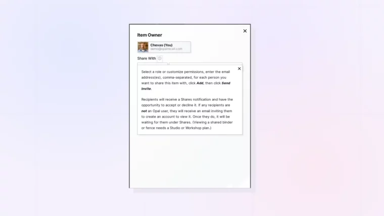 Share with Someone Who Does Not Have an Opal Account: Invitation for a pending sign-up, screenshot