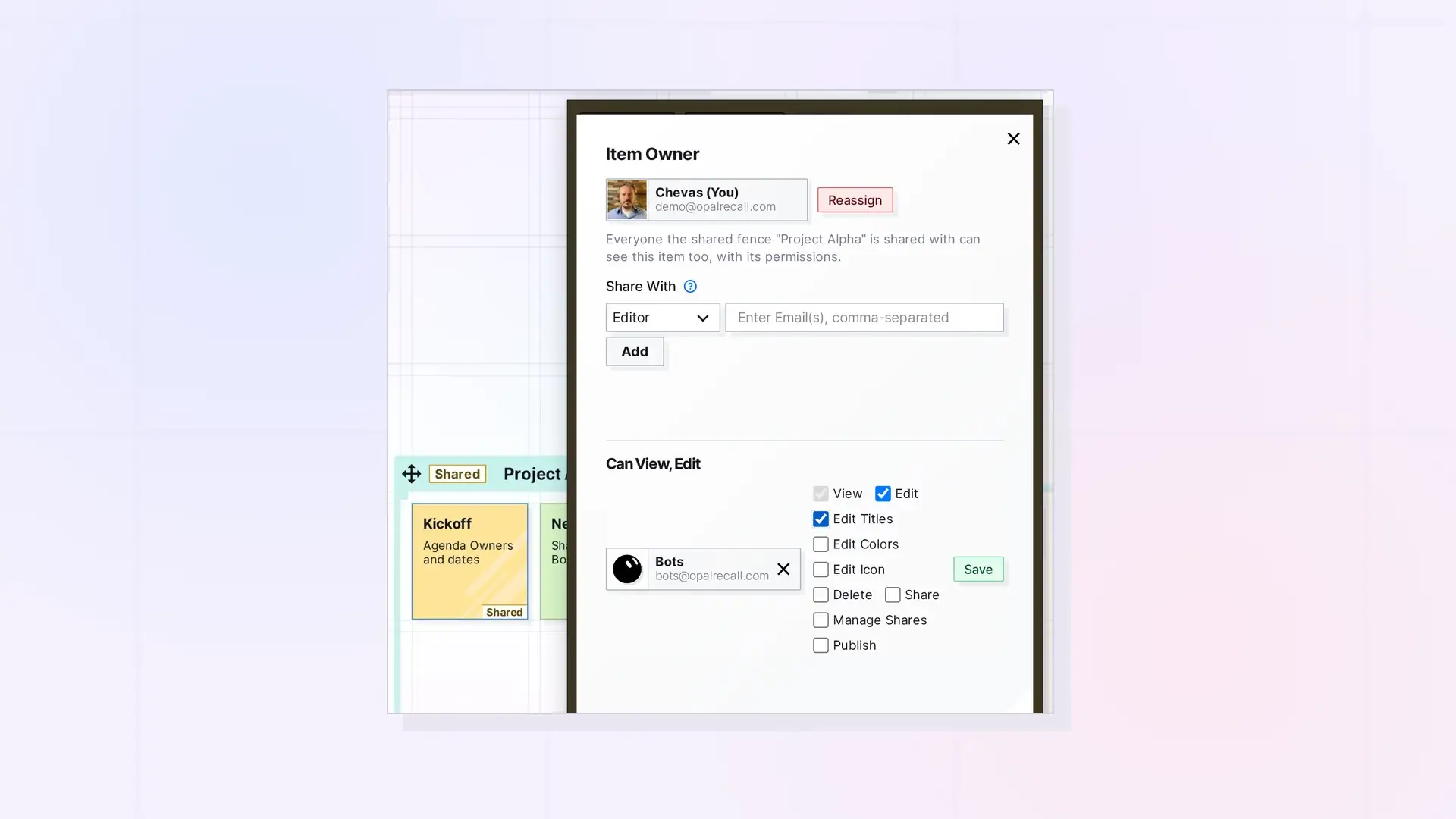Change Someone's Permissions or Stop Sharing: Recipient permissions with a Save button, screenshot