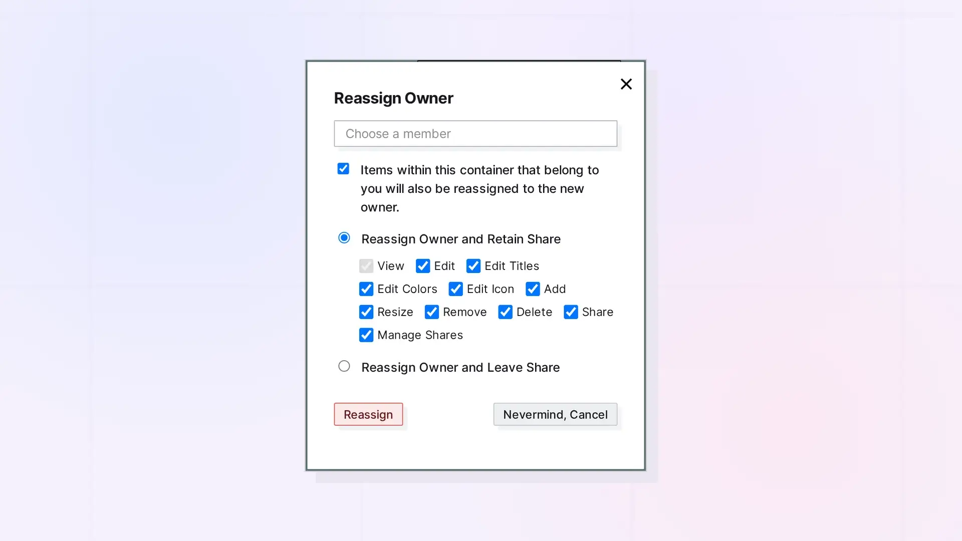 Reassigning ownership: Item Owner entry with the Reassign button, screenshot