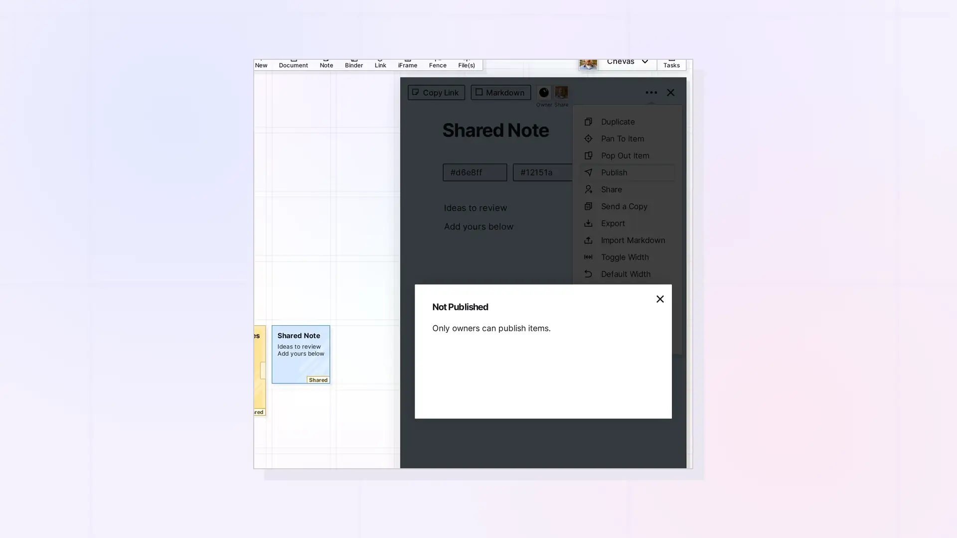 Publish an Item Shared with You: The Not Published message on an item shared without the Publish permission, screenshot
