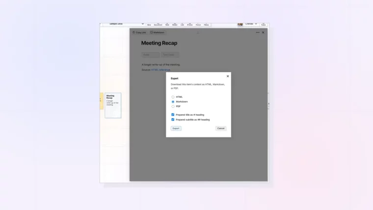 Export an Item as HTML, Markdown, or PDF: The Export dialog with HTML, Markdown, and PDF choices, screenshot