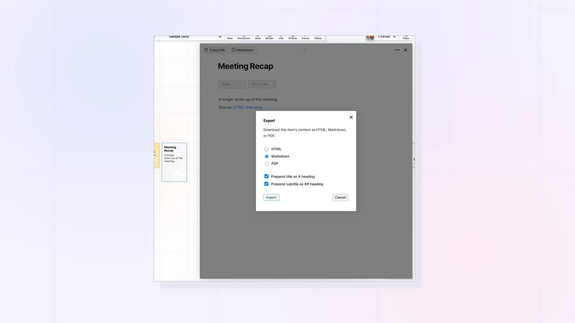 Export an Item as HTML, Markdown, or PDF: The Export dialog with HTML, Markdown, and PDF choices, screenshot