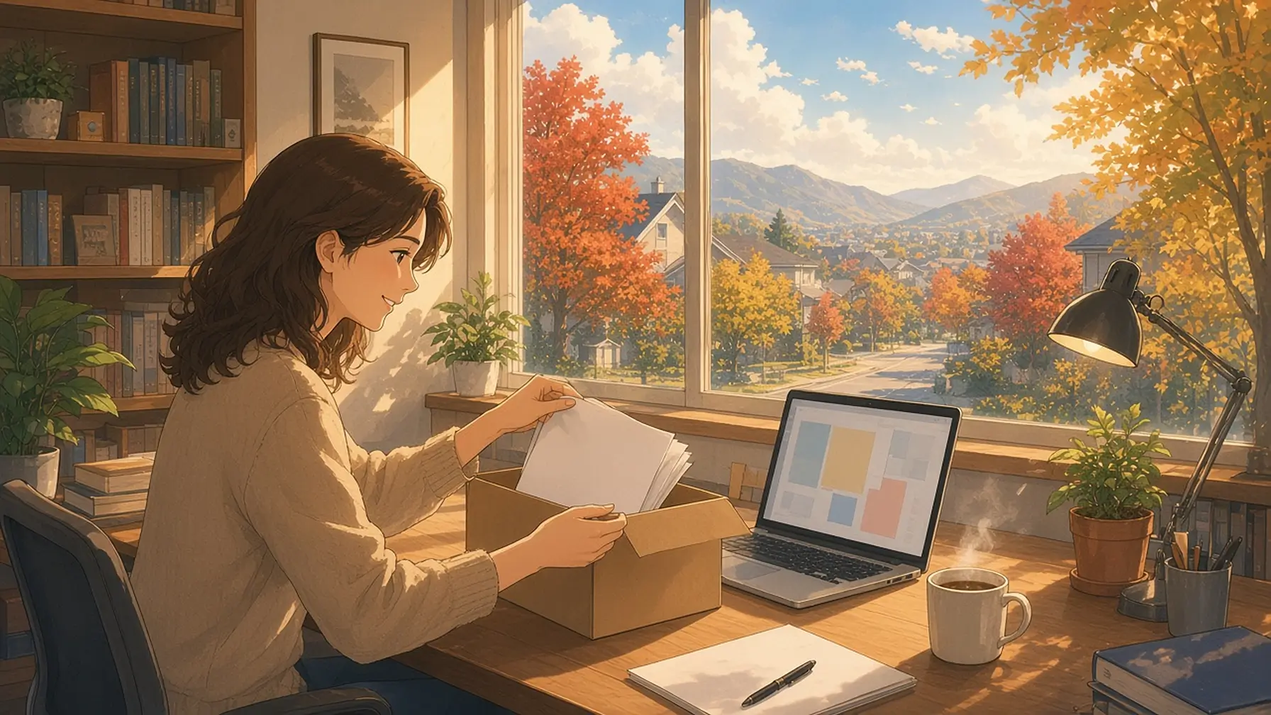 Digital declutter on a weekend as a woman at a sunlit home desk clears her laptop screen and stacks old papers, a cup of tea beside her