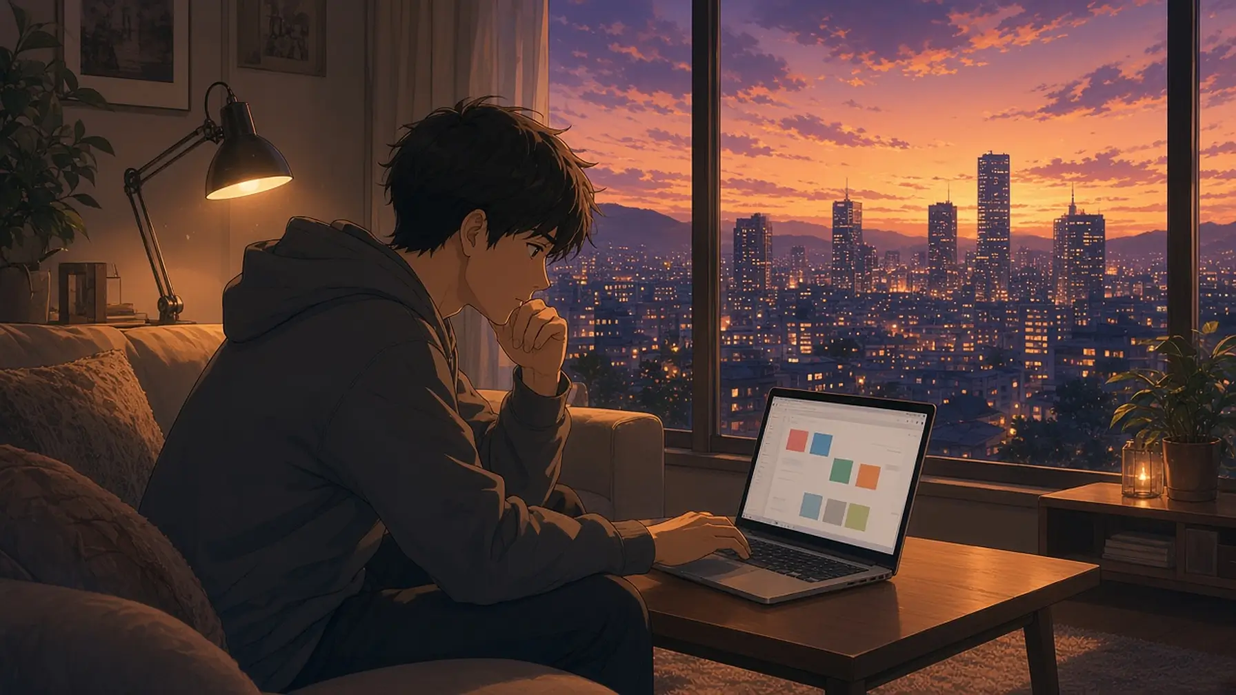 Digital declutter at home as a young man in a quiet apartment at dusk closes browser tabs on his laptop while city lights come on outside