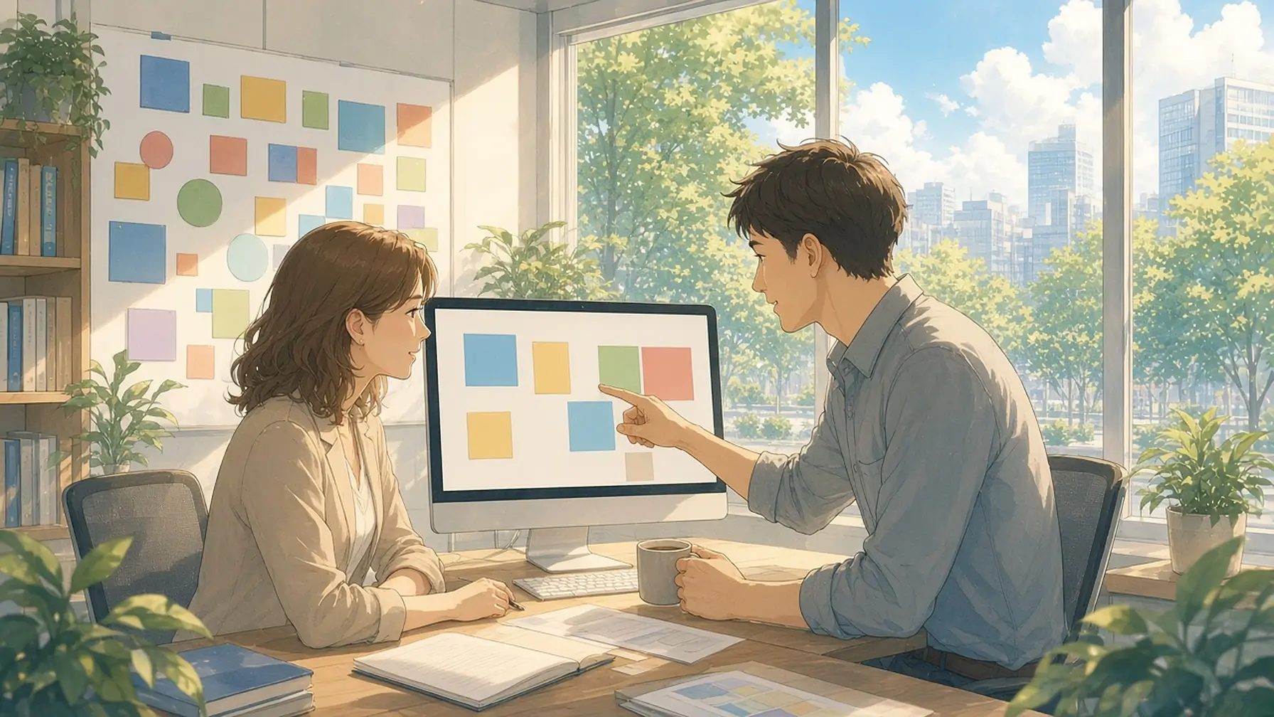 Digital decluttering at work as a woman in a bright office sorts files on a large monitor while a colleague reviews a plan beside her