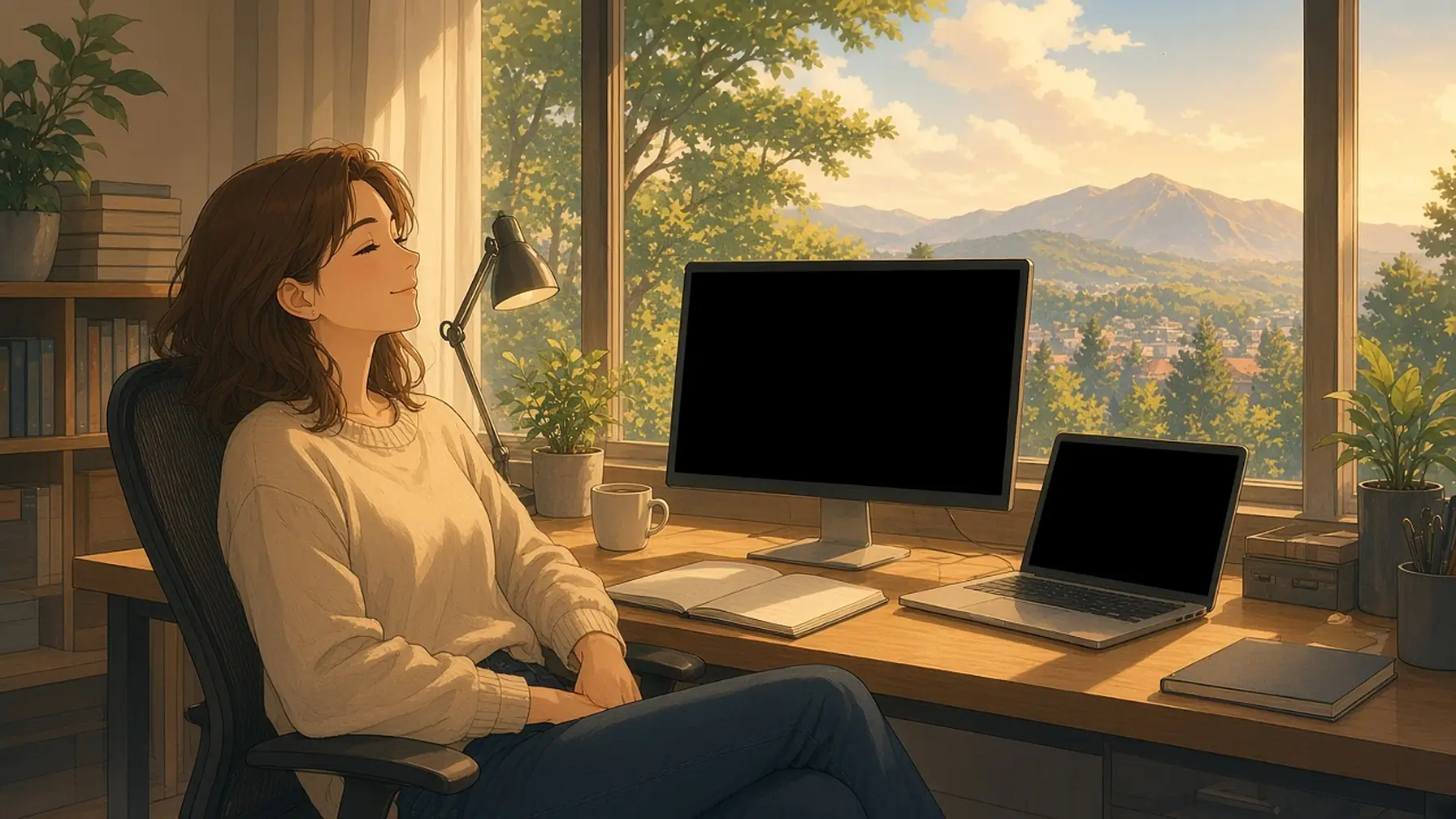 Digital declutter done as a freelance designer relaxes at a tidy studio desk by a tall window with mountains and soft clouds at golden hour