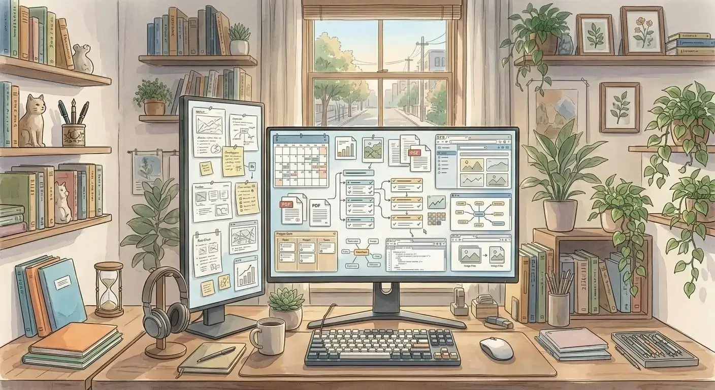 Digital desk visual workspace with notes, files, and tasks arranged spatially for a digital desk workflow