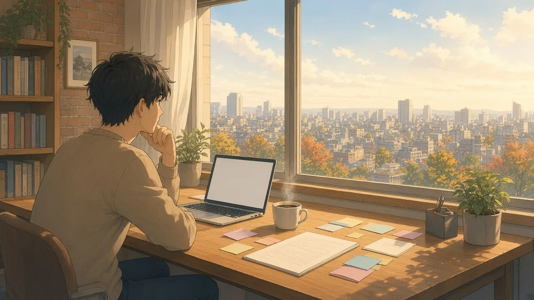 A man at a loft desk by a sunny window with small colored notes and a document spread out, weighing Google Keep alternatives for his work notes