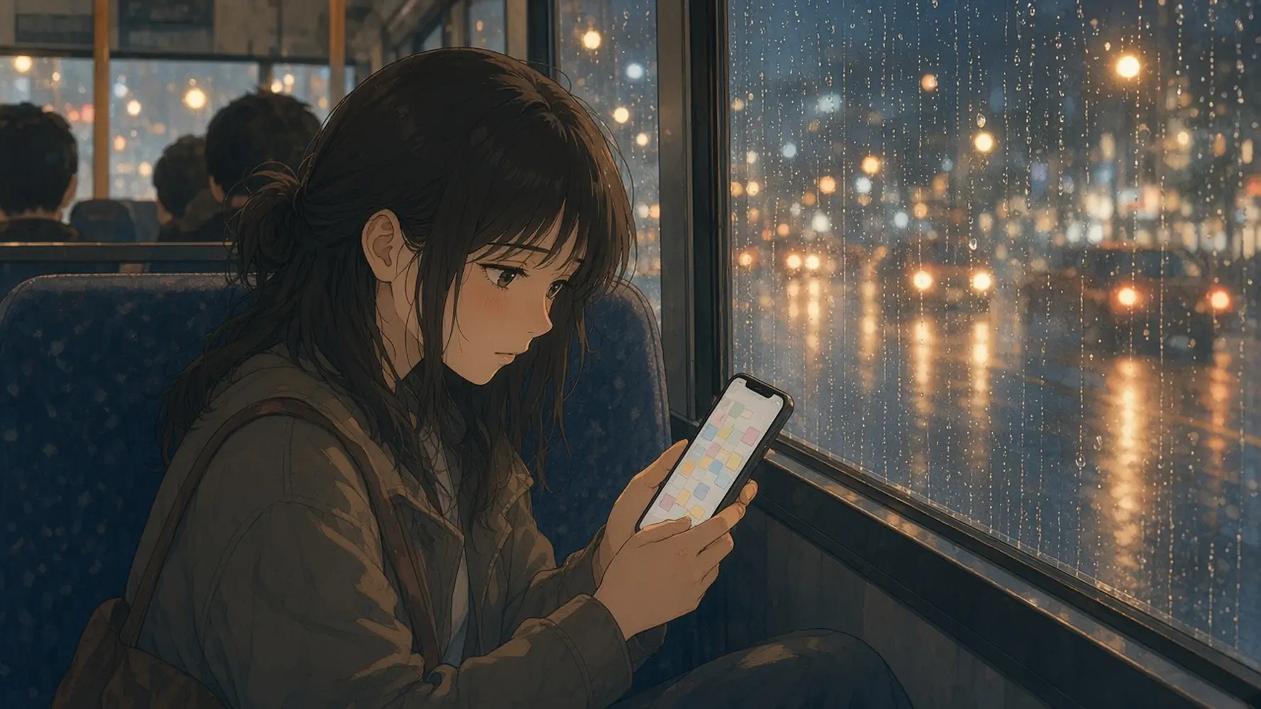 A tired woman on an evening bus scrolling a long grid of small colored notes on her phone, rain on the window