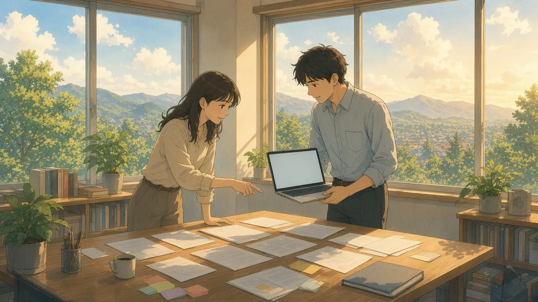 Two colleagues at a sunlit office worktable arranging pages and colored notes into groups, the visual setup Google Keep alternatives like Opal offer