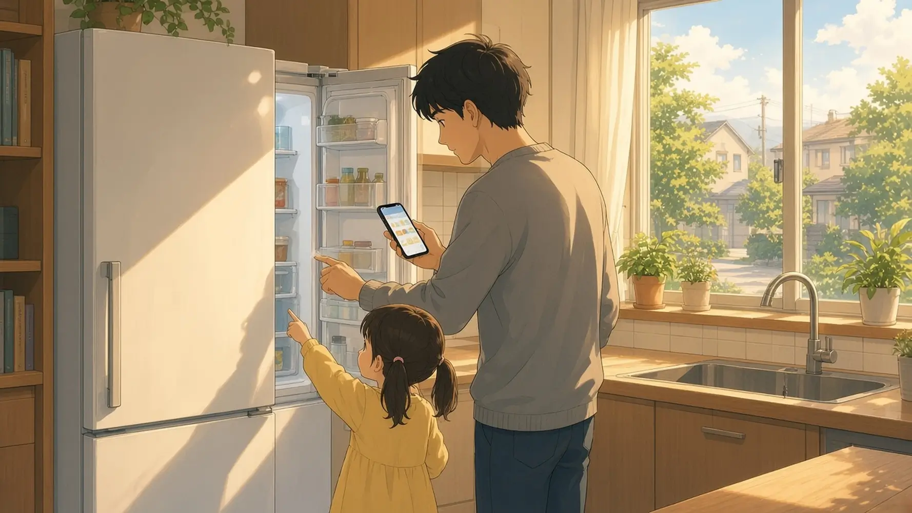 A father adding to a grocery list on his phone while his daughter points into the fridge in a sunny kitchen
