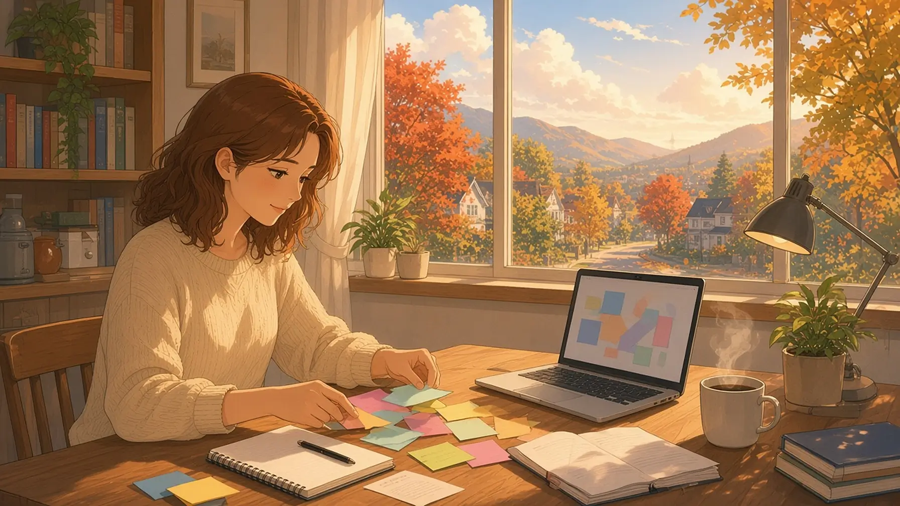 How to organize notes at home as a woman at a sunny kitchen table sorts colored sticky notes and notebooks into neat groups beside her laptop