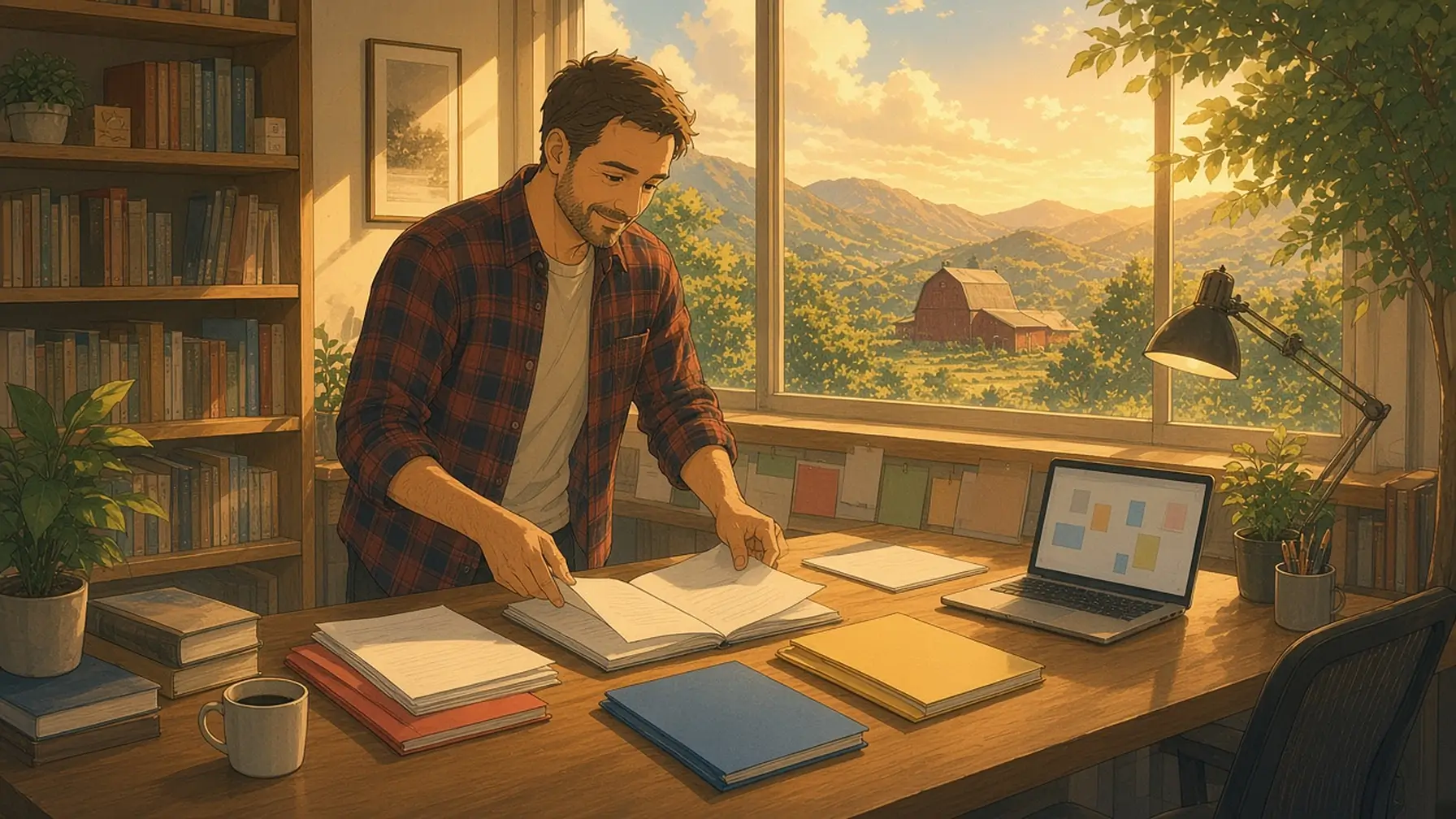 How to organize notes by project as a man sorts notebooks and folders into separate piles on a wooden desk by a sunny window