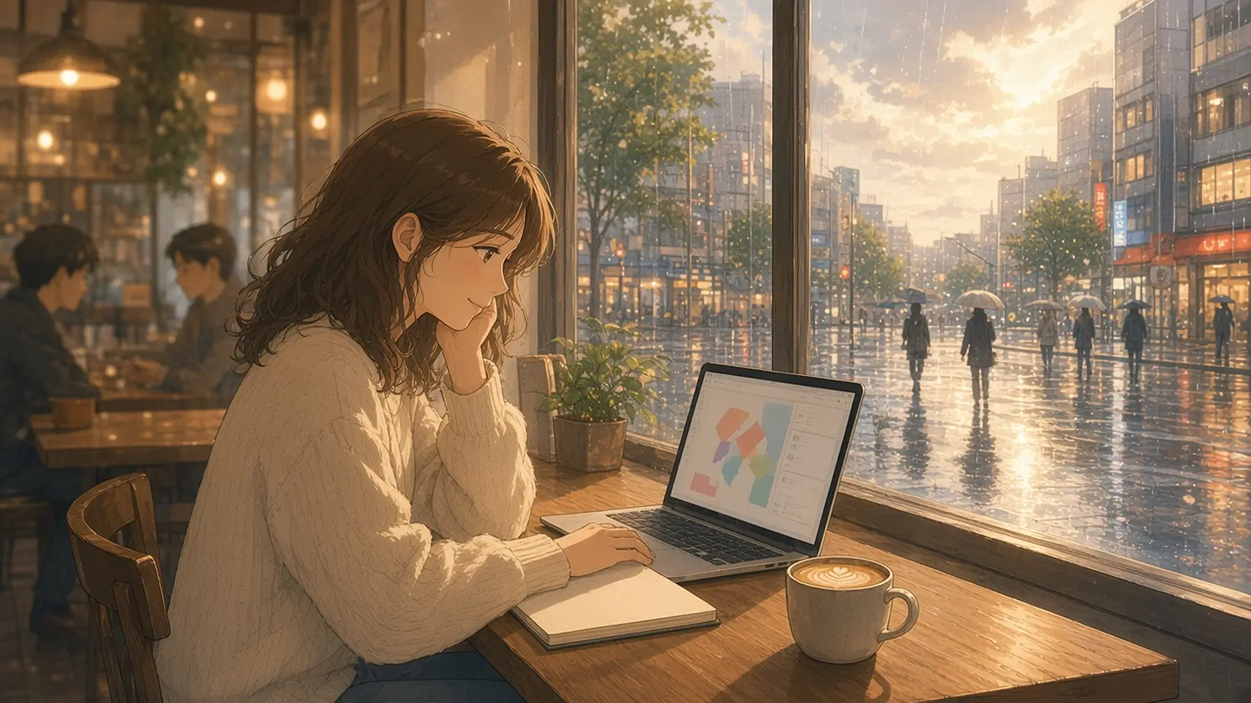 Organizing notes on a laptop as a young woman in a cafe finds the note she needs and smiles, a notebook and coffee beside her