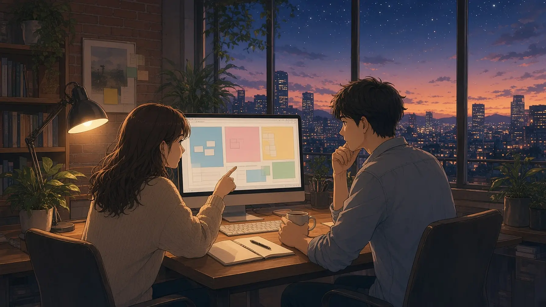 How to organize notes with a weekly tidy as a couple at a shared desk at dusk review their week on a large monitor showing colored zones