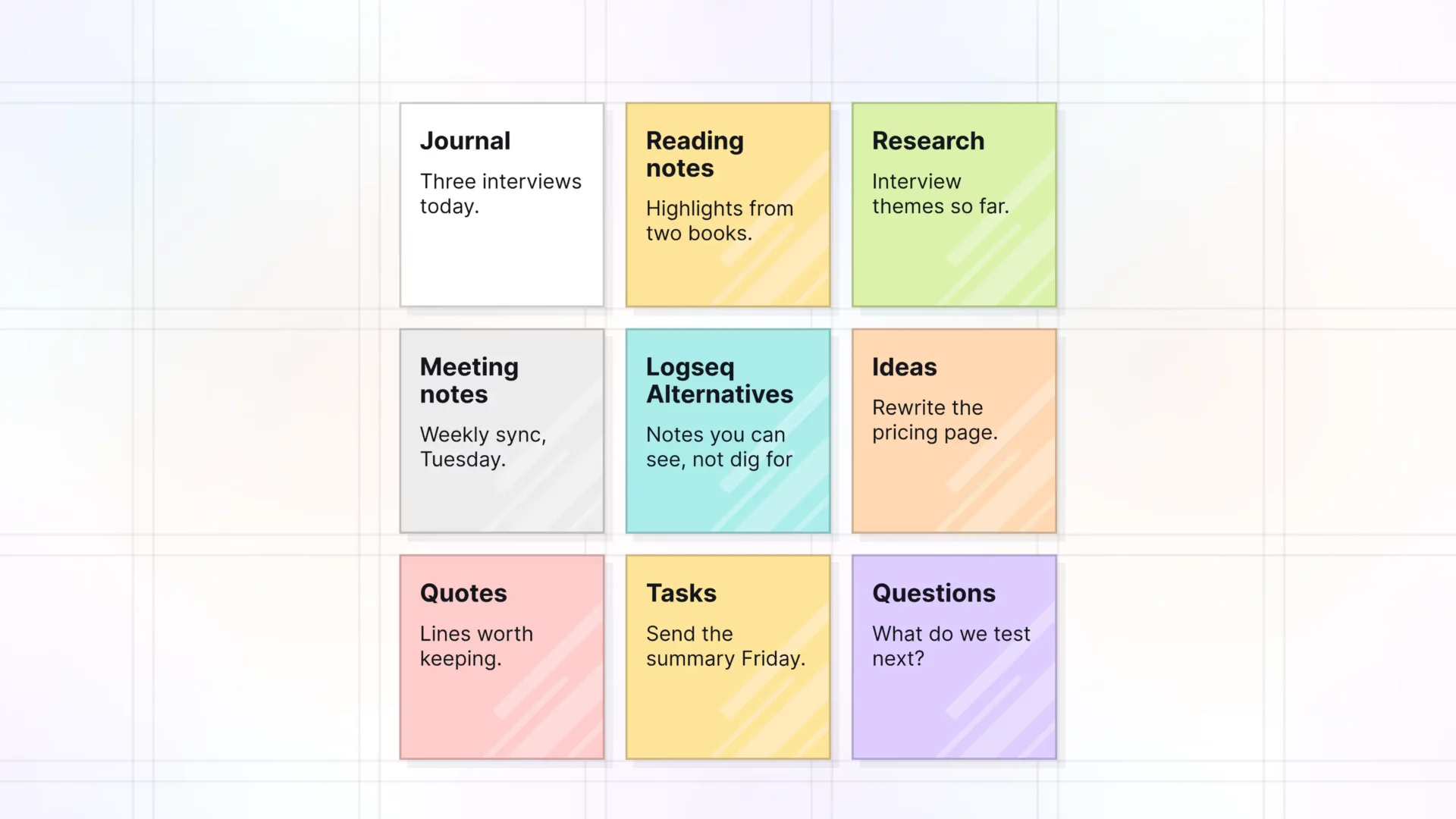 Screenshot of Opal showing colored notes for journal, reading notes, research, and tasks arranged on a grid around a note titled Logseq Alternatives