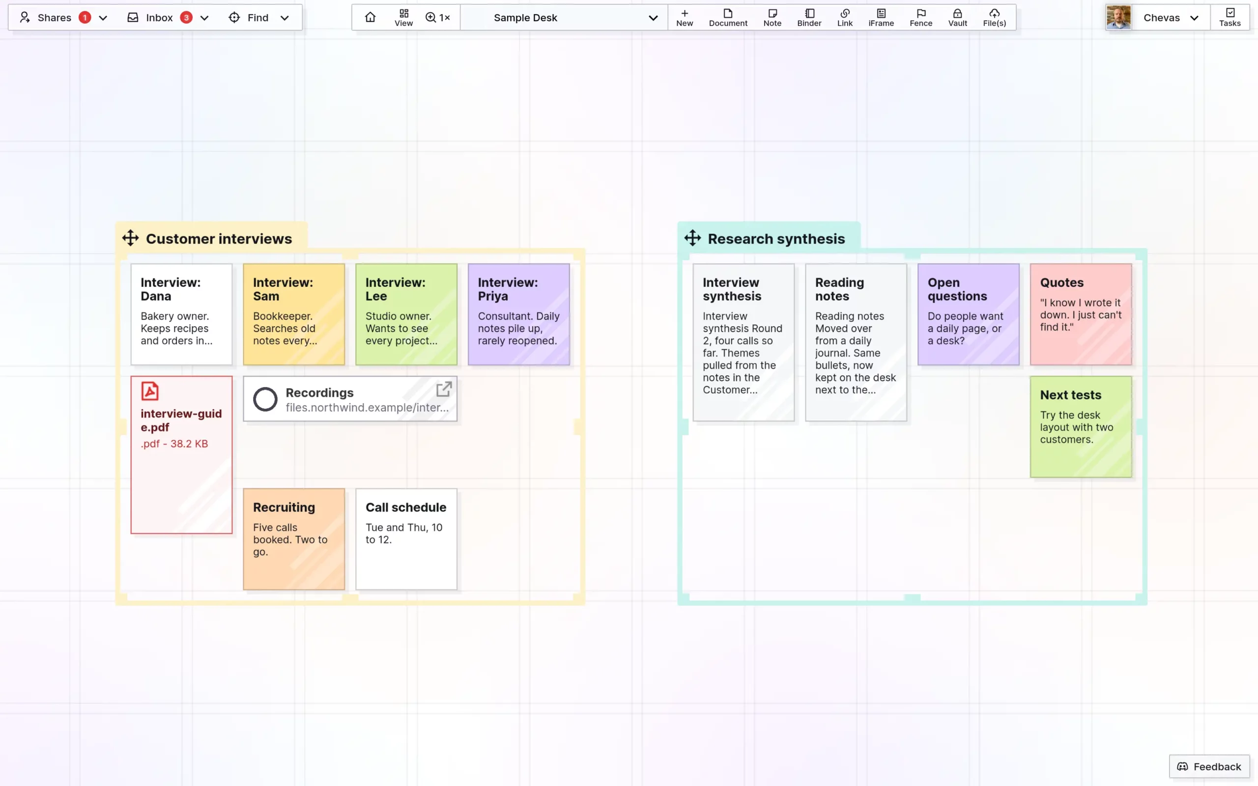 Screenshot of Opal with two fences, Customer interviews and Research synthesis, holding interview notes, a PDF, a link, and documents on the desk