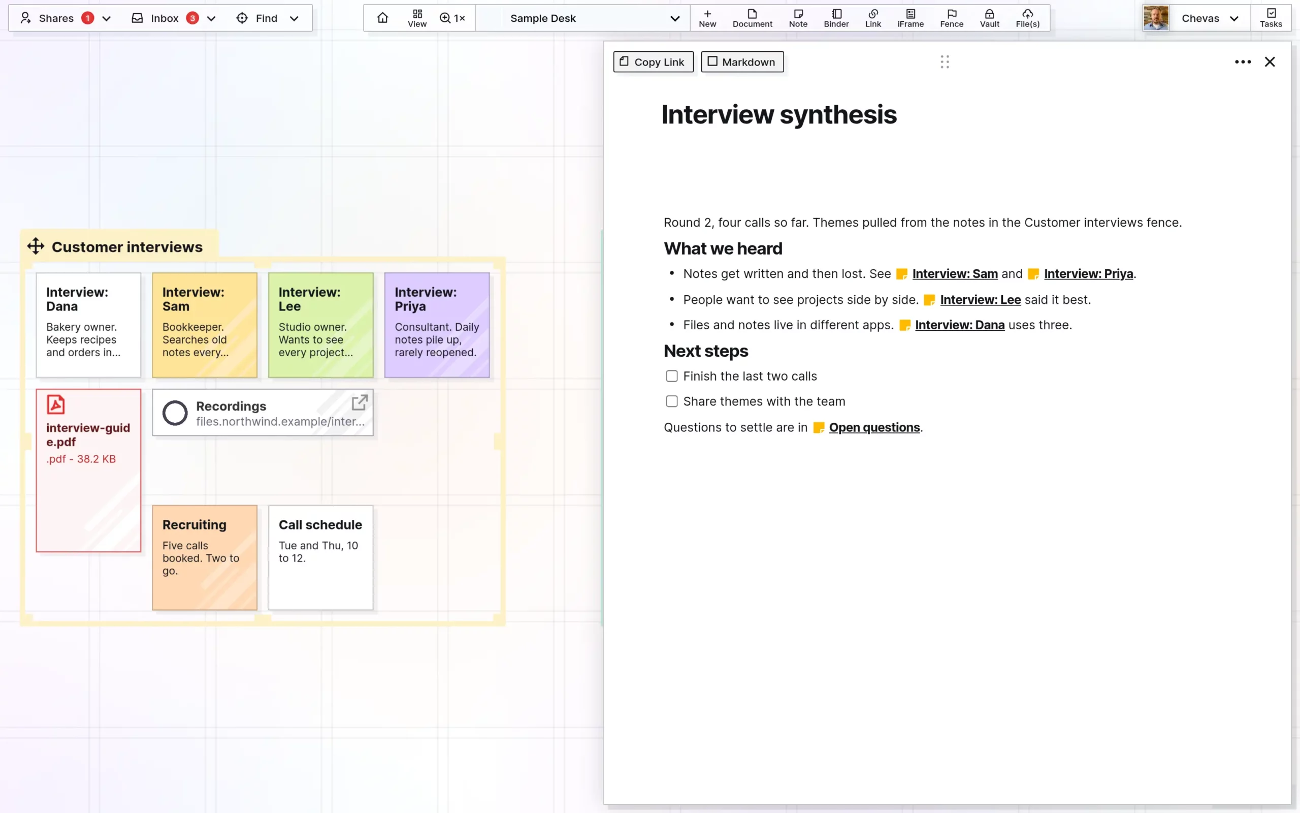 Screenshot of Opal with the Interview synthesis document open beside its fence, showing themes with wikilinks to interview notes and a checklist