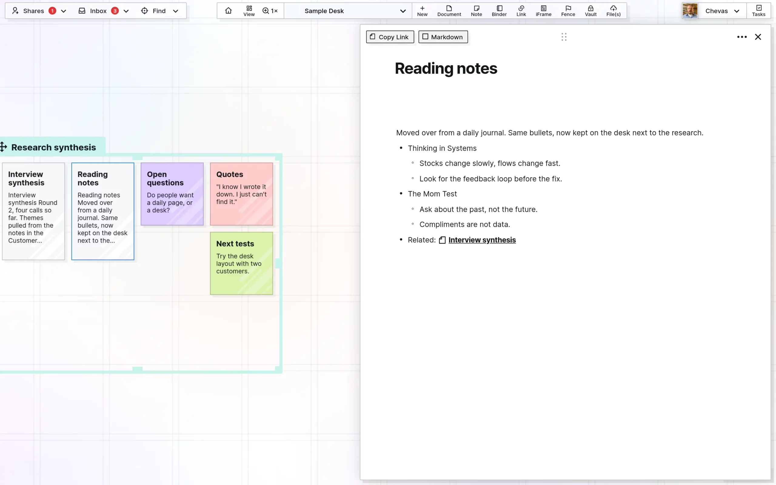 Screenshot of Opal with a Reading notes document open, showing nested bullets moved over from a daily journal and a wikilink to another document