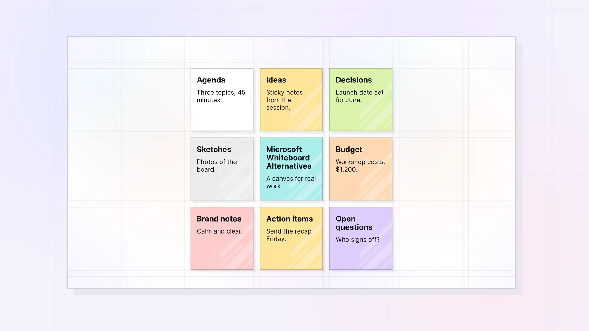 Screenshot of Opal showing colored notes for a planning workshop arranged on a grid around a note titled Microsoft Whiteboard Alternatives