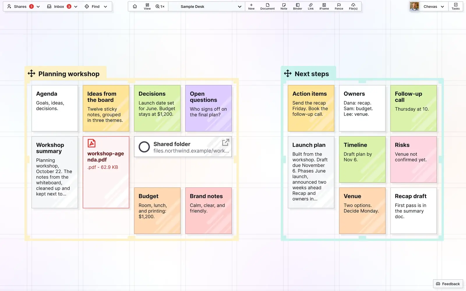 Screenshot of Opal with two fences, Planning workshop and Next steps, holding notes, documents, a PDF, and a link on the desk