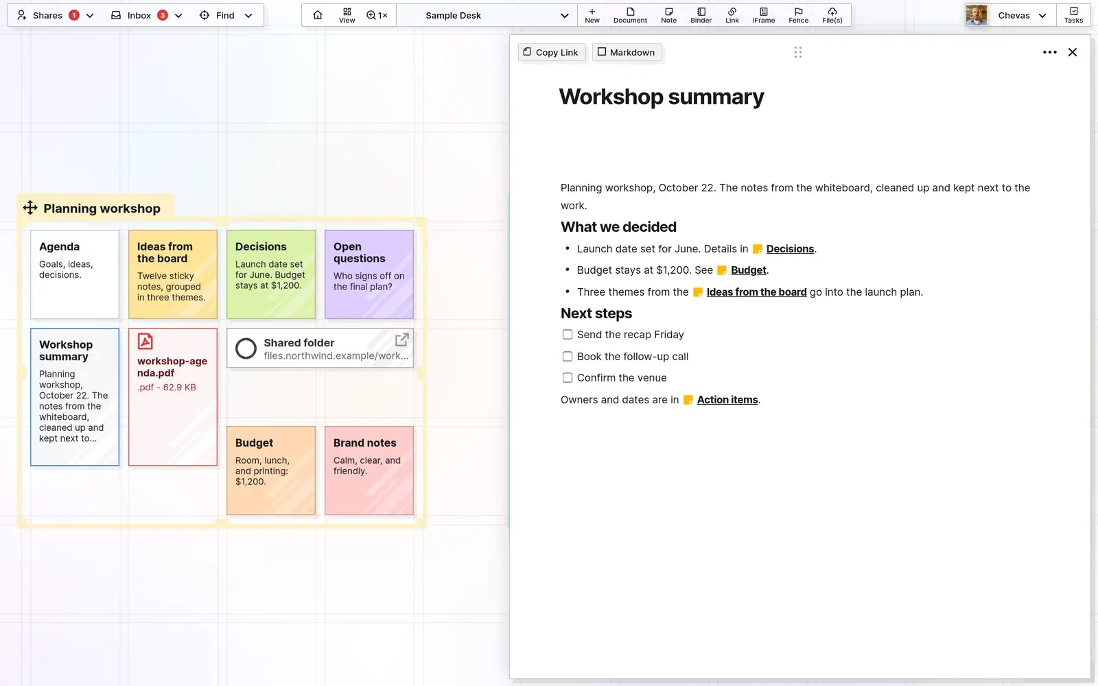 Screenshot of Opal with the Workshop summary document open beside its fence, showing decisions and next steps with wikilinks to notes