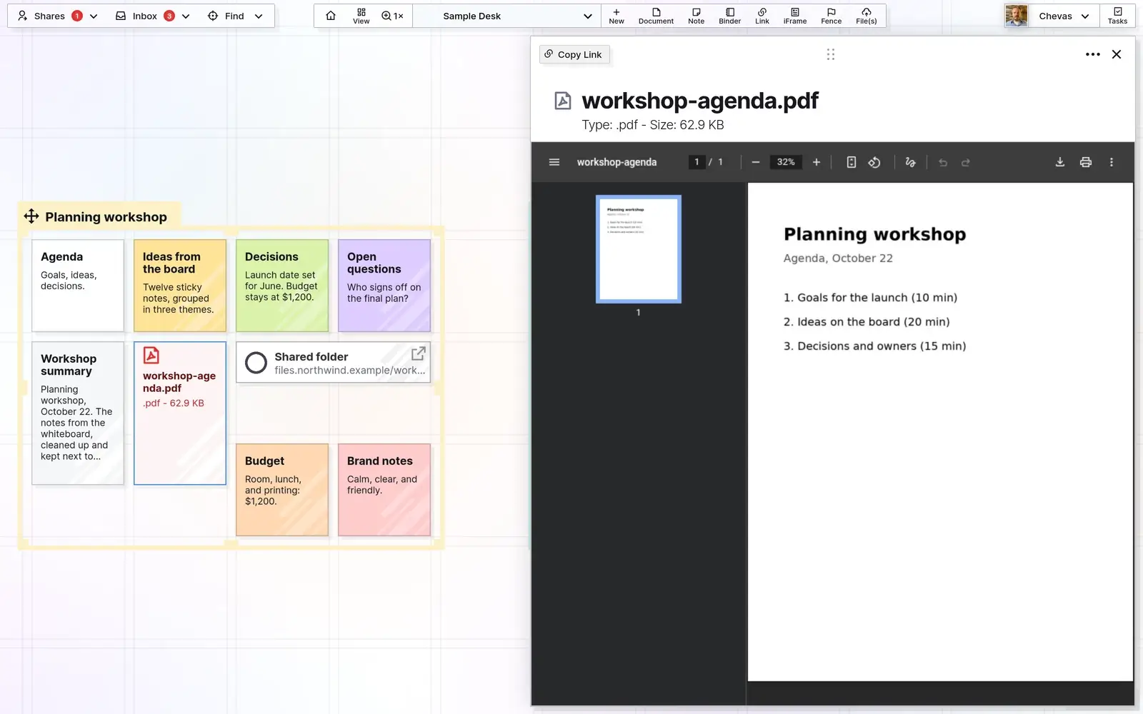 Screenshot of Opal with a workshop agenda PDF open in place beside the Planning workshop fence