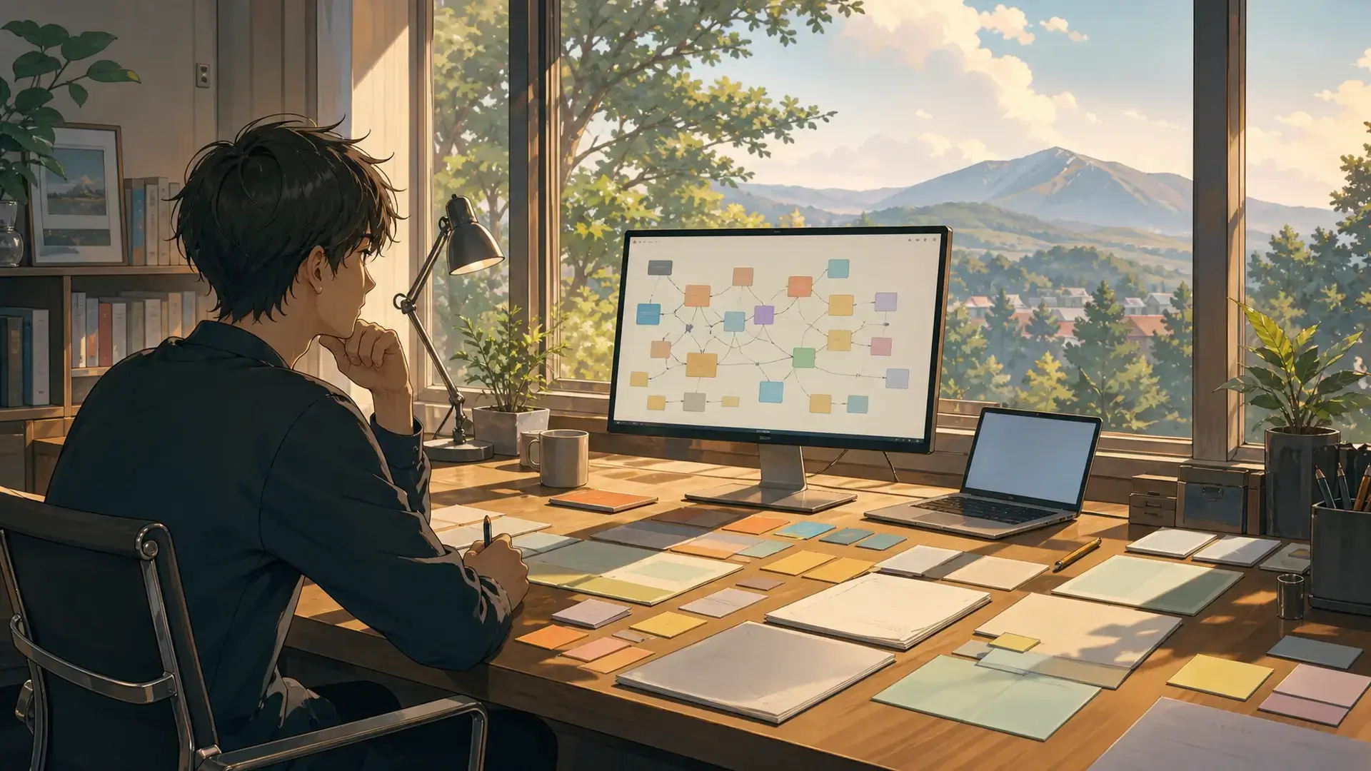 mind map app with a founder using a visual workspace at a large desk