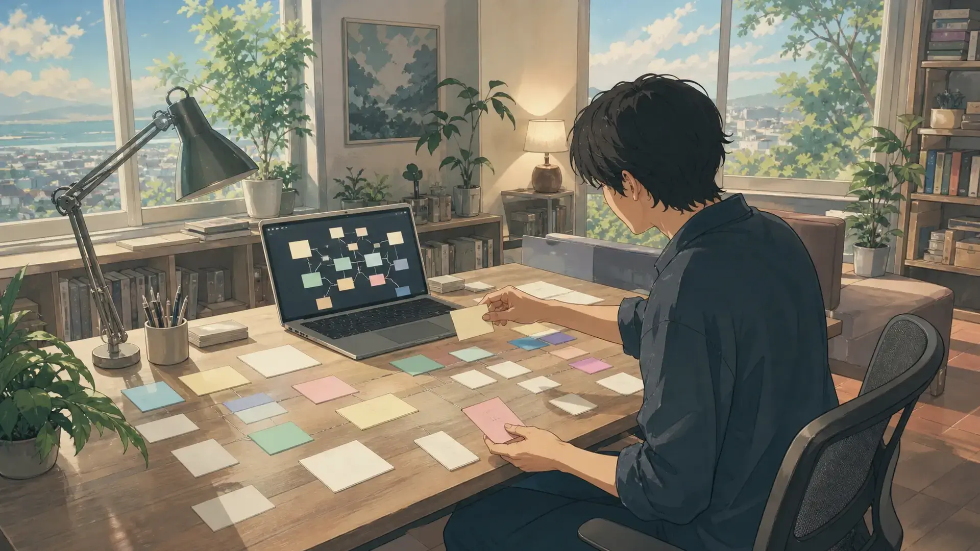mind map app selection scene in a home office with notes files and tasks
