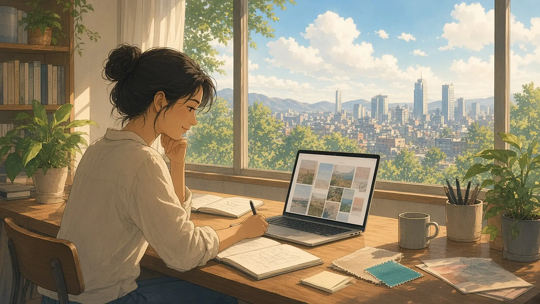 Mood board app on a laptop in a sunlit design studio as a woman arranges photos and color swatches beside her project notes