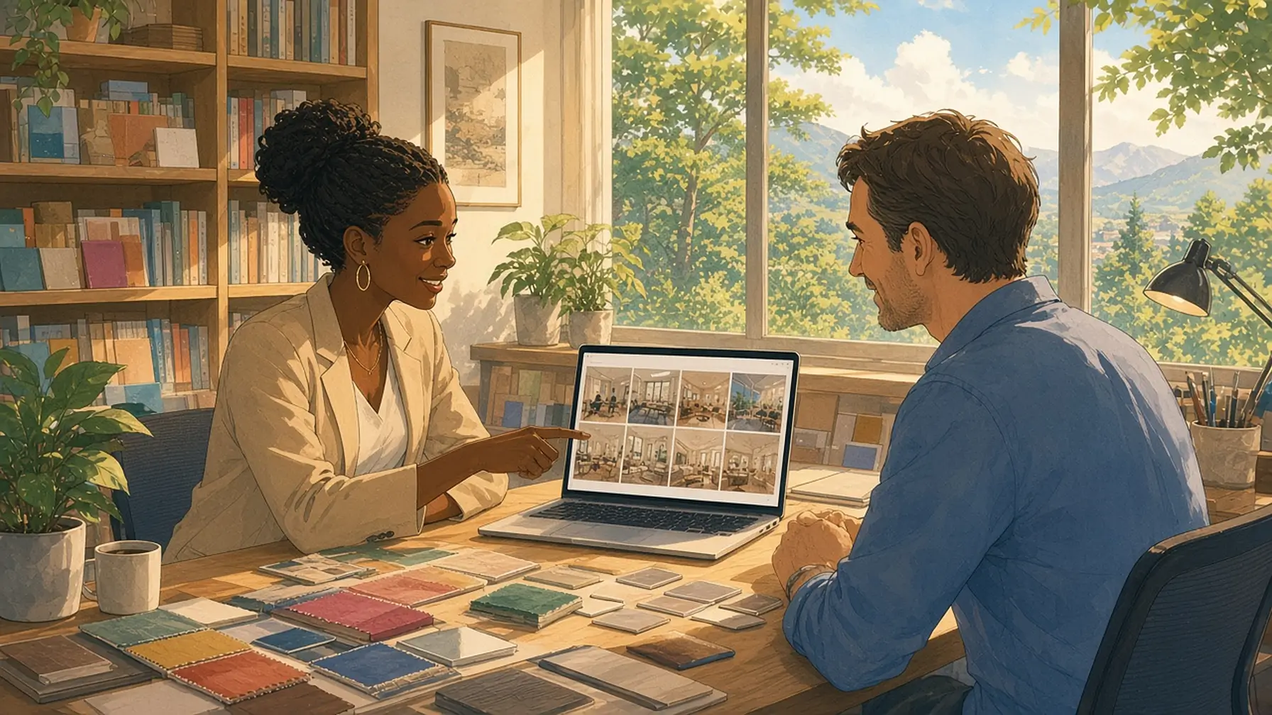 An interior designer and a client look over fabric swatches and photos on a laptop at a sunny studio table