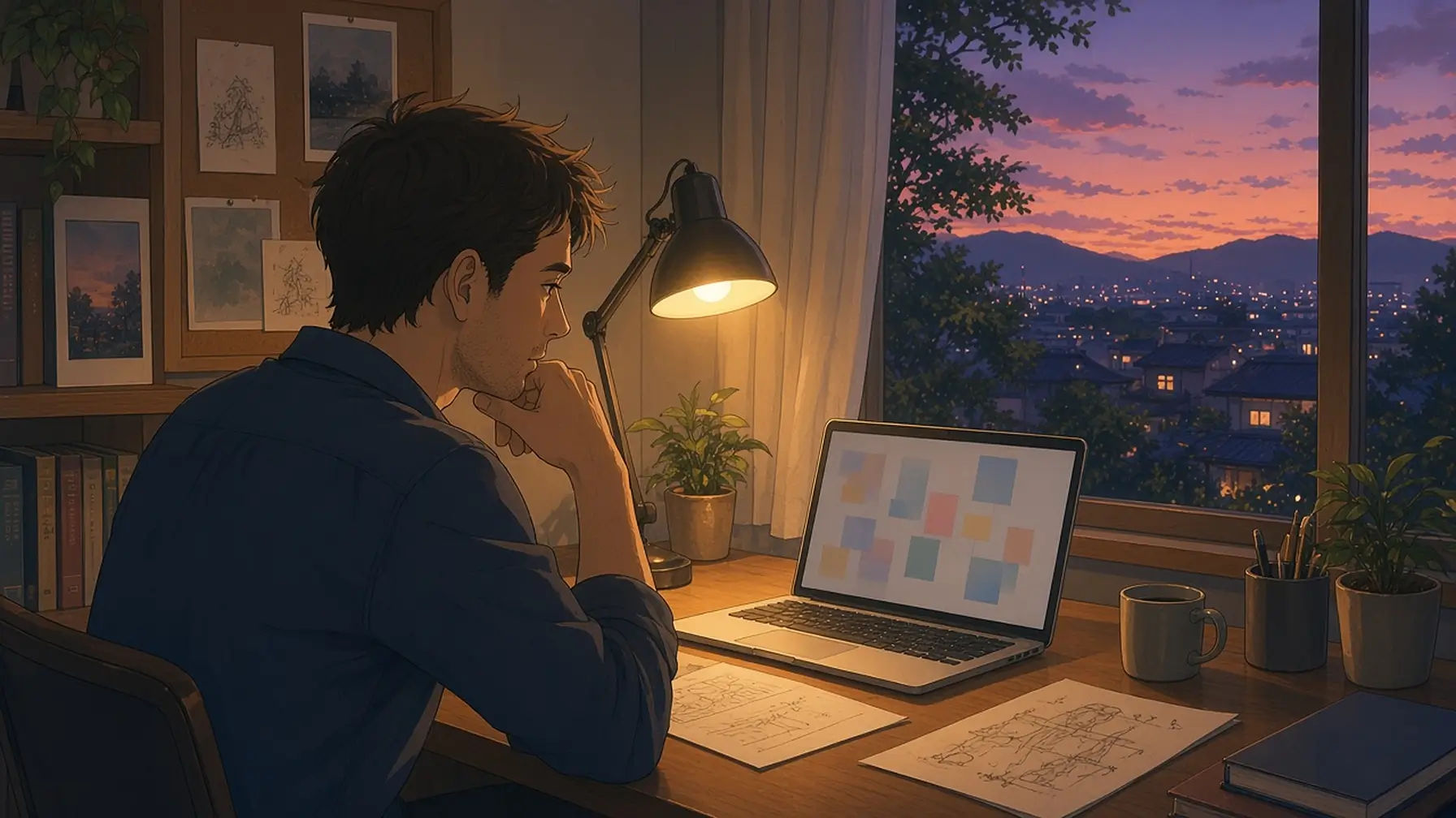 A designer works late at a calm desk with a laptop, sketches, and pinned inspiration photos in warm lamplight