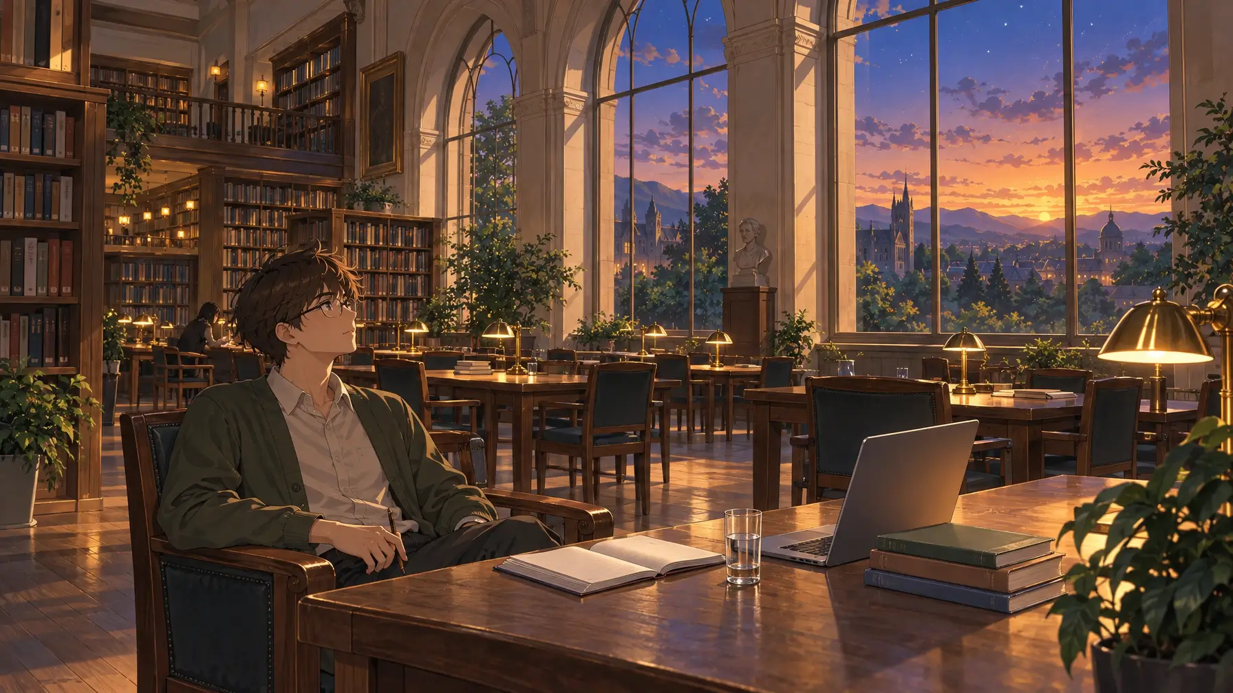 A researcher leans back in a library reading room at dusk beside his laptop and notebooks, thinking through linked notes