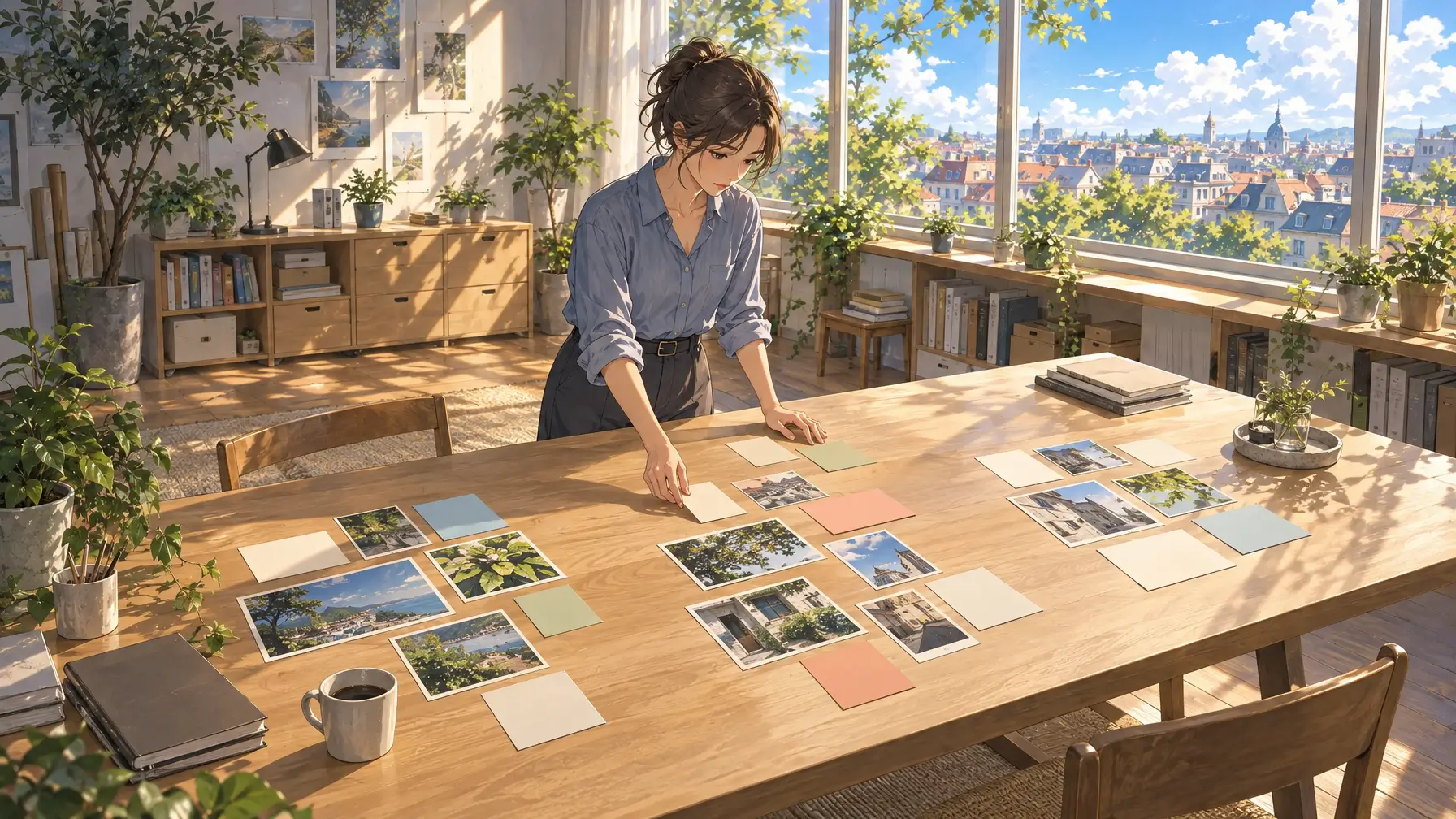 A designer in a bright morning studio sorts photos and paper notes into separate zones on a large table
