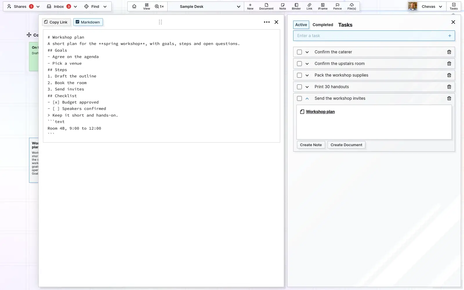 An Opal document in Markdown mode next to the Tasks panel, with a task linked to it