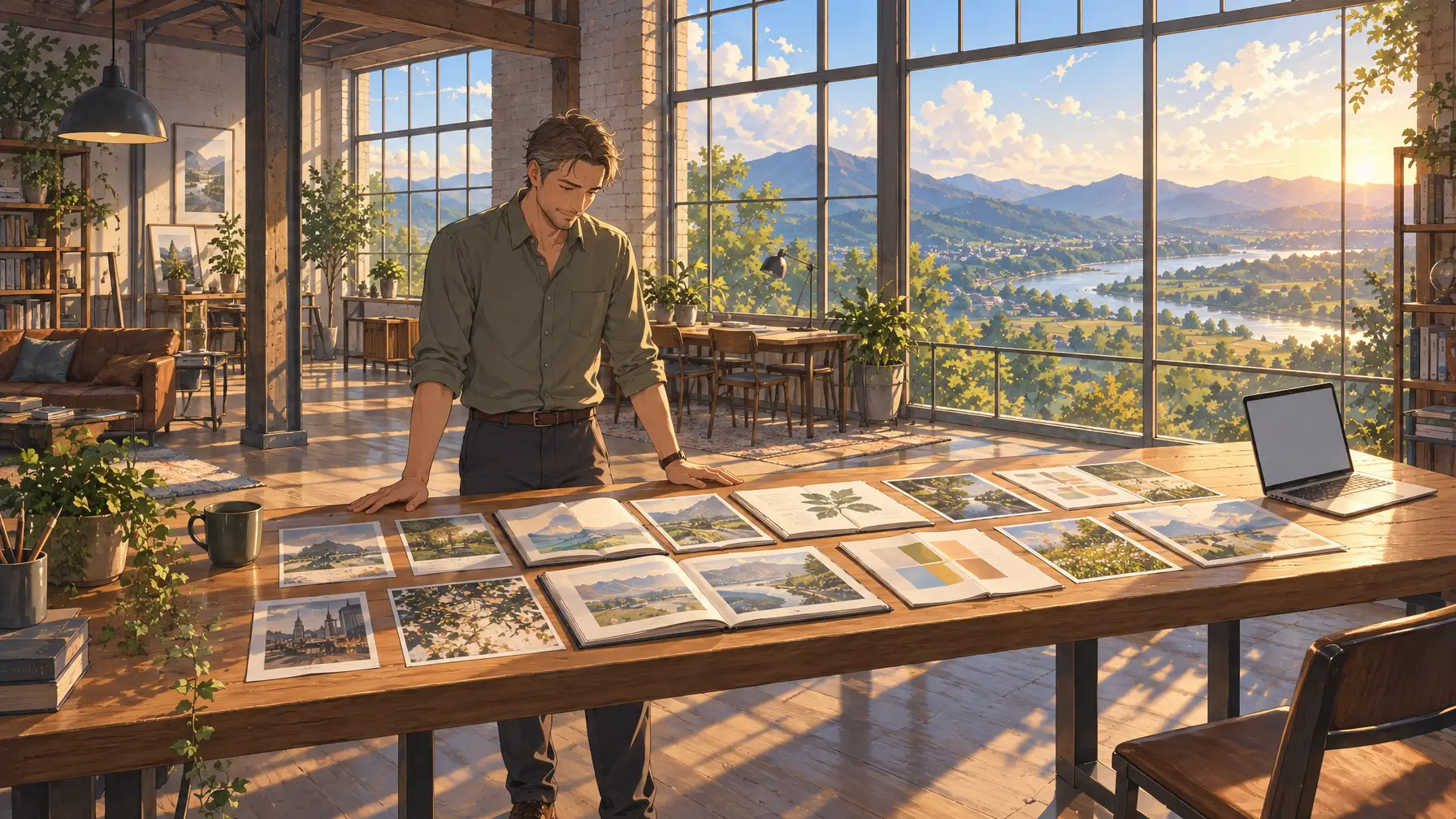 A man at a long desk in a sunlit loft with open notebooks and pages spread side by side, the idea behind visual OneNote alternatives