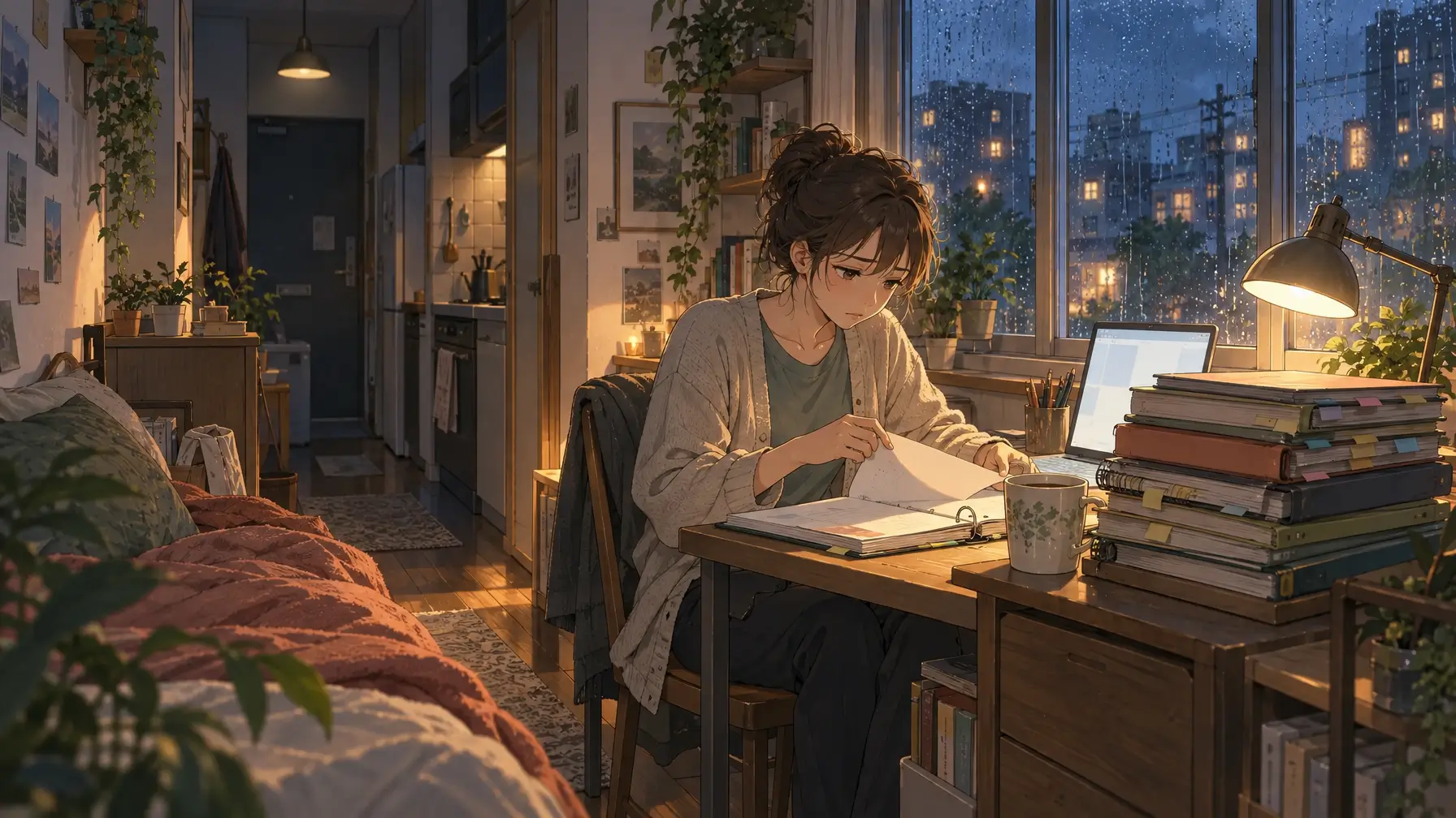A tired woman flipping through a tall stack of tabbed notebooks at night, a common reason people look for OneNote alternatives