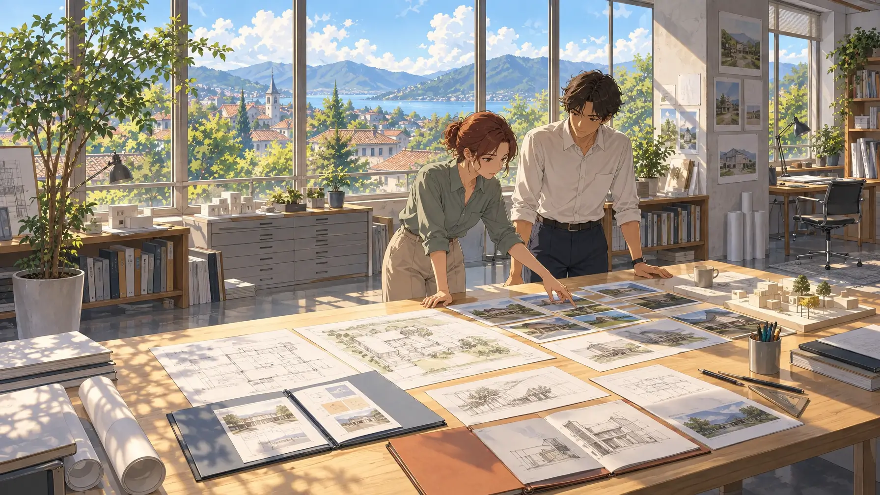Two colleagues in a bright studio reviewing documents and photos arranged in clear zones on a large table