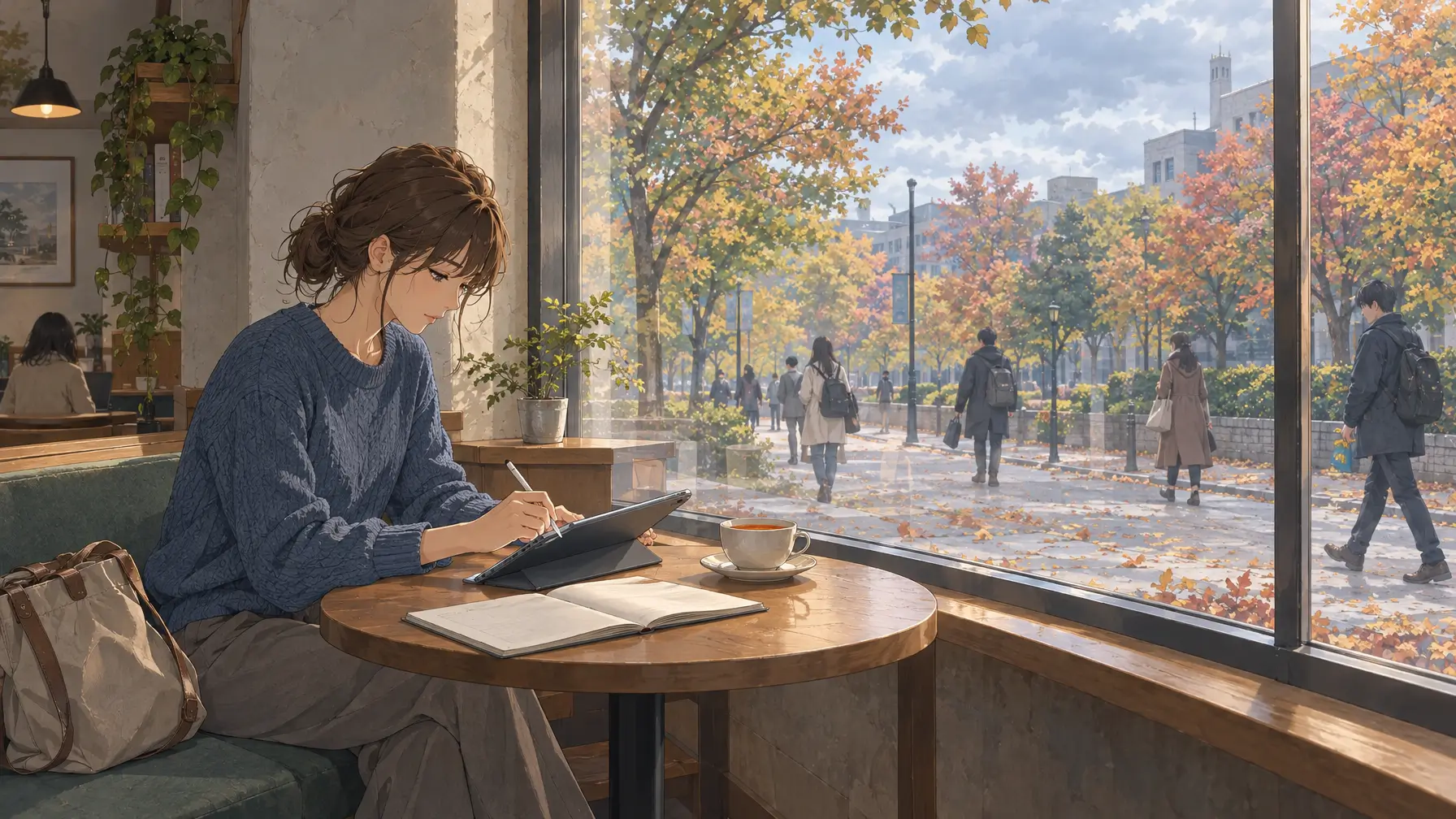 A student writing by hand with a stylus on a tablet at a cafe window, the kind of inking OneNote handles well