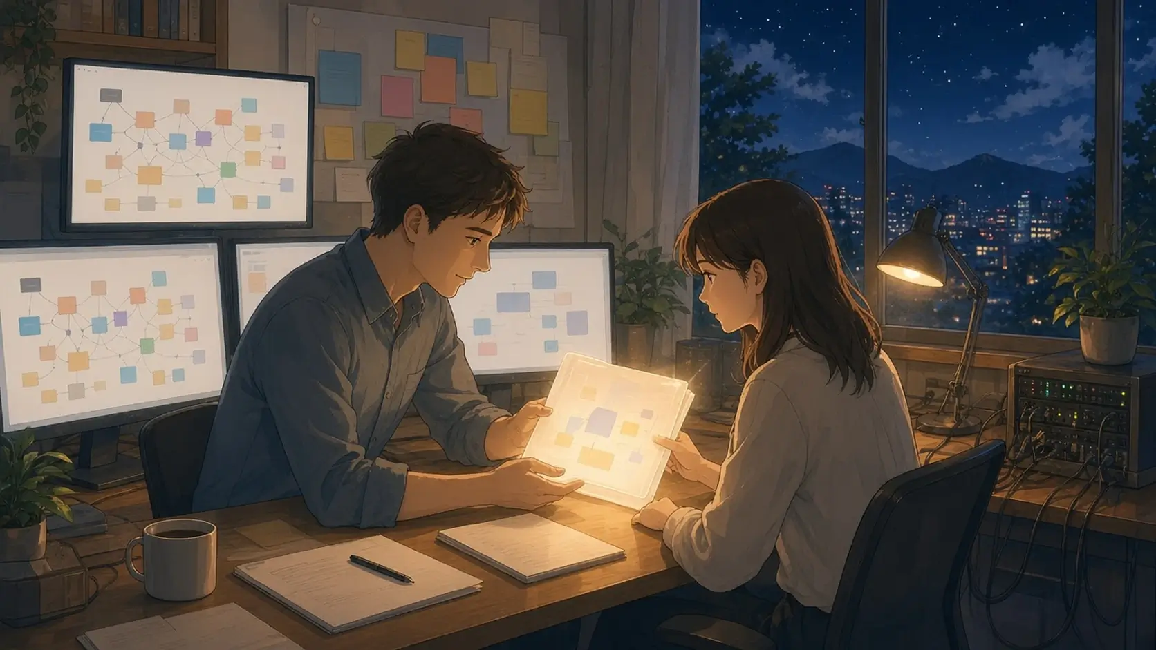Two engineers at a night-time desk with glowing monitors of linked boards; one hands a glowing folder to his teammate, with server lights and a city skyline behind them