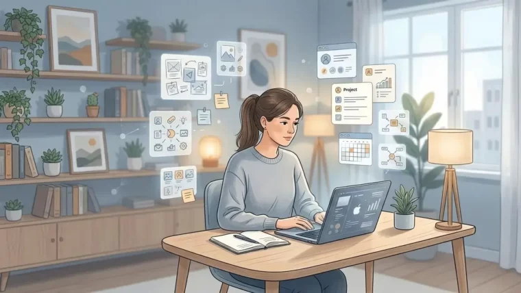 Peripheral awareness visual workspace illustration with Chevas and Gideon reviewing a spatial canvas