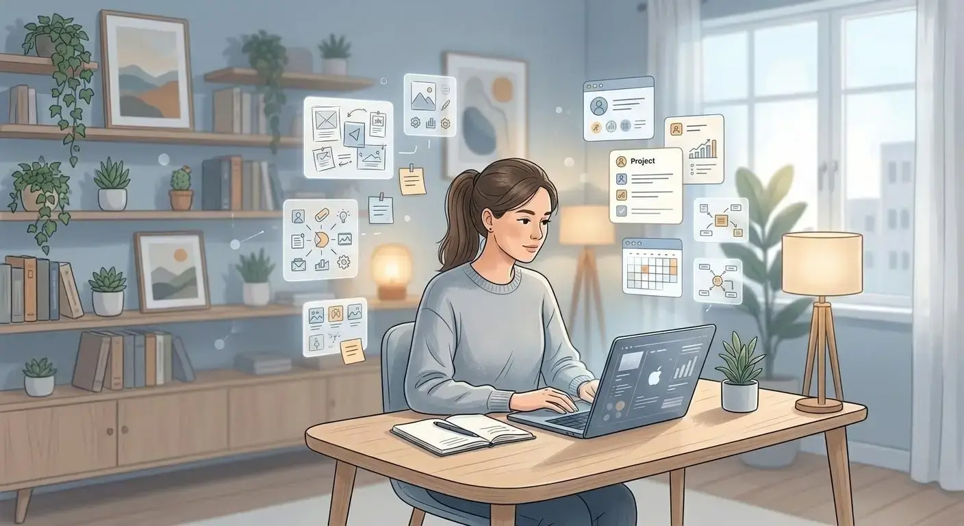 Peripheral awareness visual workspace illustration with Chevas and Gideon reviewing a spatial canvas