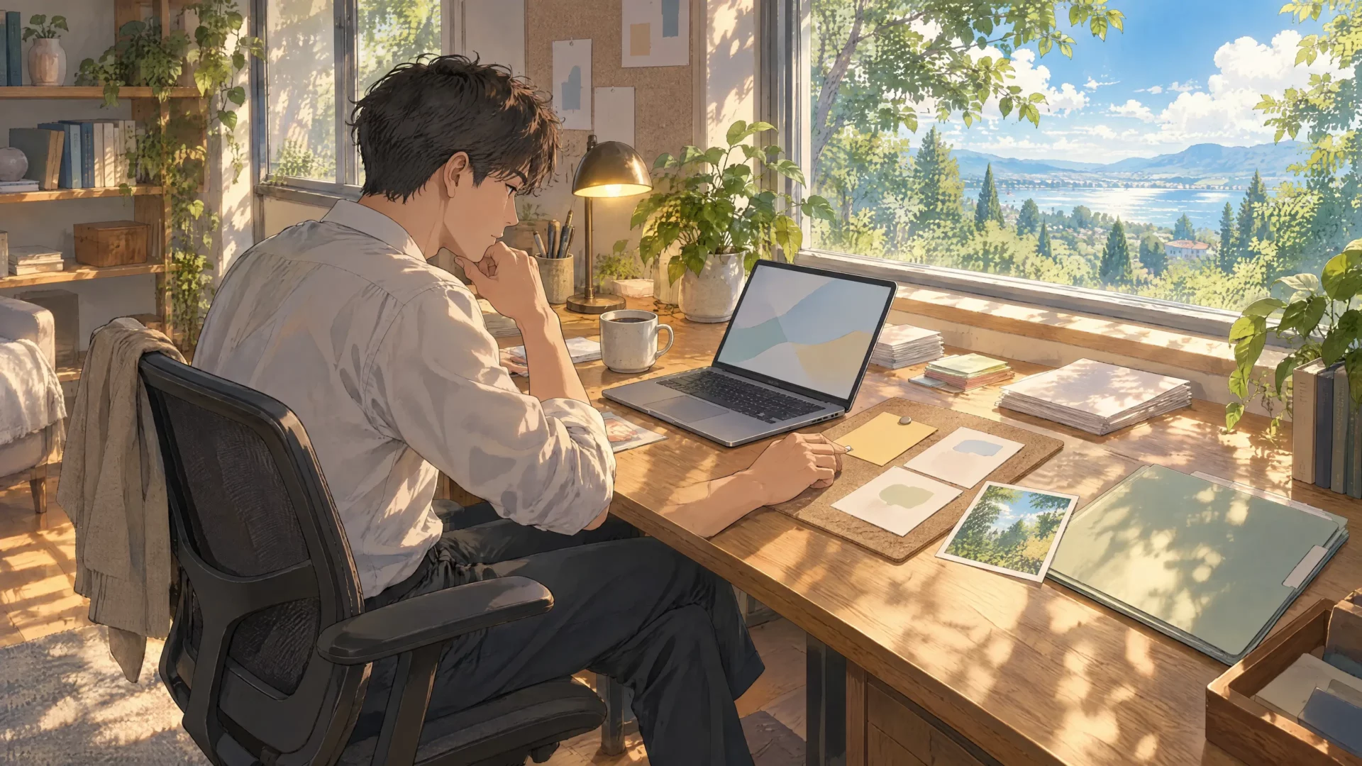 personal task management app in use as a man works at a sunlit home office desk with a task card kept beside related notes, photos, and his laptop