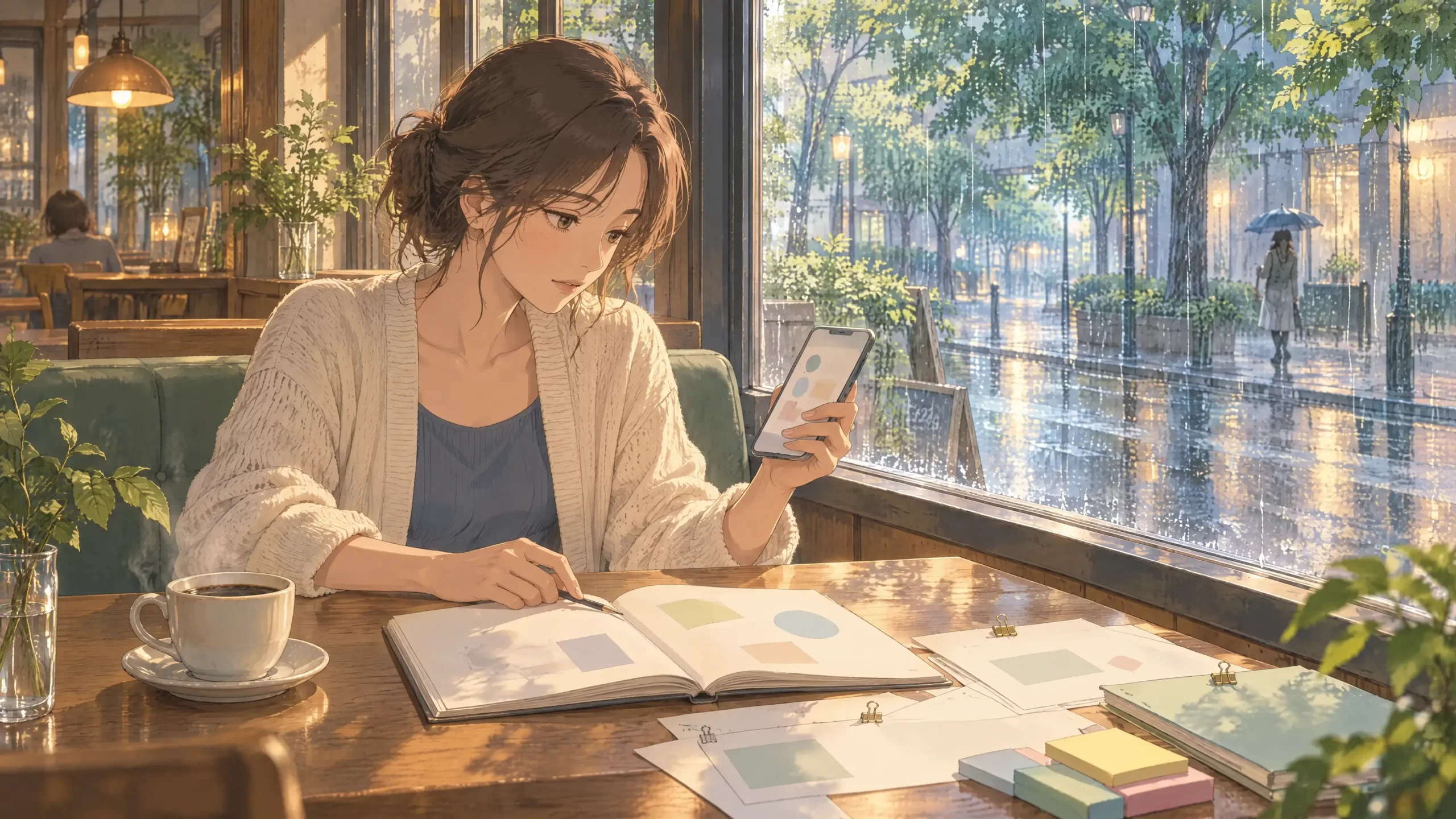 personal task management app comparison as a woman in a rainy cafe looks from a short phone checklist to the notebook and papers that hold the context